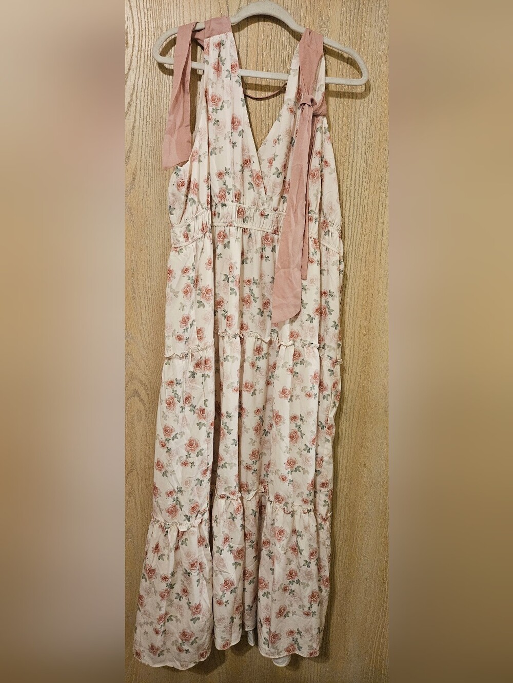 Romantic Floral Tie-Shoulder Maxi Dress in Blush Pink